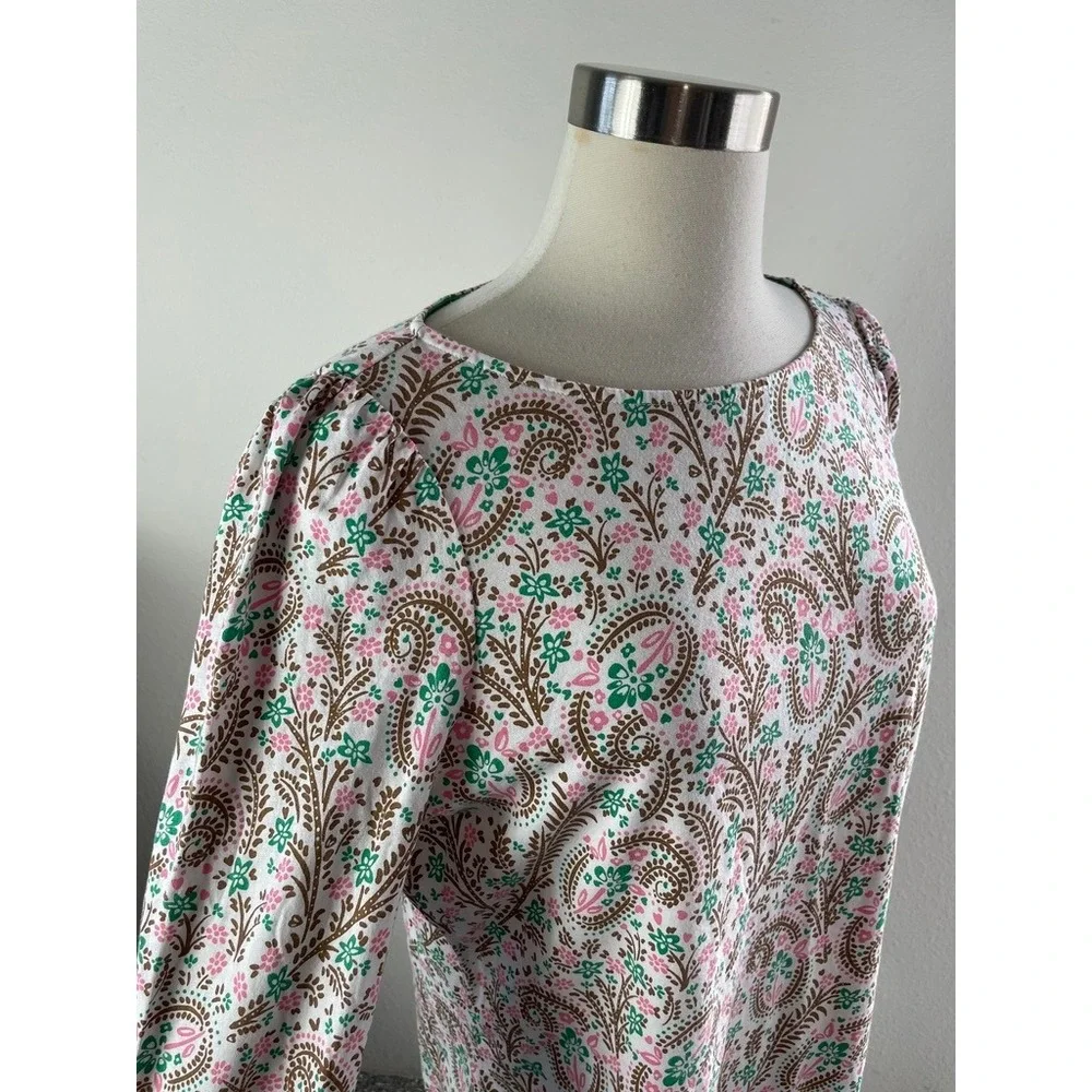 Boden Womens 12 Floral Paisley Puff Sleeve Jersey Top Pink Green Long Sleeve
